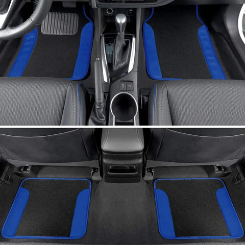 Two tone carpet floor mats shown in vehicle interior, featuring blue trim and non-slip design. Level Up Your Slick Ride With This Premium Car Accessory Gift Bundle Featuring Thermal Blocking Auto Sunshade Two Tone Carpet Floor Mats And Ergonomic Grip Steering Wheel Cover For Trucks Vans SUVs.
