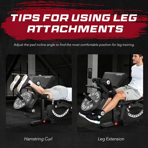 Person using Beefy 1200 Pound Capacity Weight Bench With Leg Extension And Curl, Preacher Curl Attachment for hamstring curls and extensions