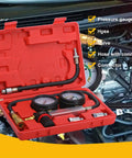 TU-21 Cylinder Leak-Down Tester Kit in red case with pressure gauges, hoses, valve and connectors for automotive engines