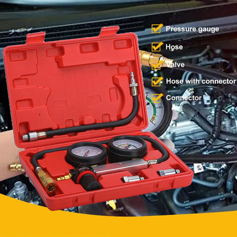 TU-21 Cylinder Leak-Down Tester Kit in red case with pressure gauges, hoses, valve and connectors for automotive engines