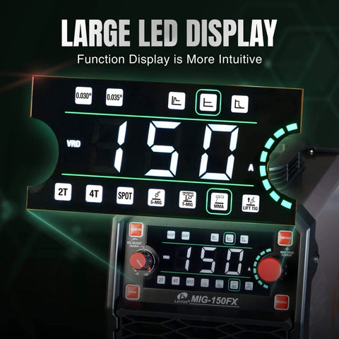 Large LED display of Beast 3 In 1 MIG Welder With Lift TIG And Spot, Flux Core And MMA, 150A Output, 120V Portable IGBT Inverter