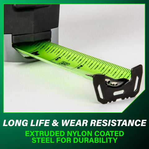 TruRange 25 Ft Measuring Tape With 17 Ft Standout, High Visibility Green Blade, Nylon Coated Steel, Close-Up View