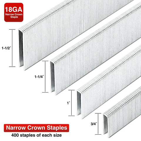 Heavy Duty Galvanized Staples and Brad Nails Kit for Pneumatic and Electric Staplers, 18 Gauge Narrow Crown Staples shown