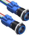 Two Pack 16mm Push Button Switch 12V DC Latching On Off Waterproof LED Blue with Bright Ring, Built Tough Metal Construction, High Visibility, Durable Click Action for Marine, Automotive, DIY Projects, front view