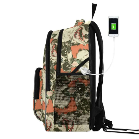 Side view of Cool Dog Style Sunglasses Backpack Go To Work Travel College, Laptop Daypack Fits 15.6 Inch Laptop, USB port, unisex bag