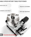 Built Tough Cnc 4Th Axis Rotary Table With Rock Solid 98Mm Center Height And No Fuss Speed Control Box Plus Heavy Duty 10To1 Reduction 3Jaw 80Mm Chuck Setup For Flawless Engraving And Marking Projects, showcasing a variable speed CNC rotary table positioner with a 10:1 reduction ratio.