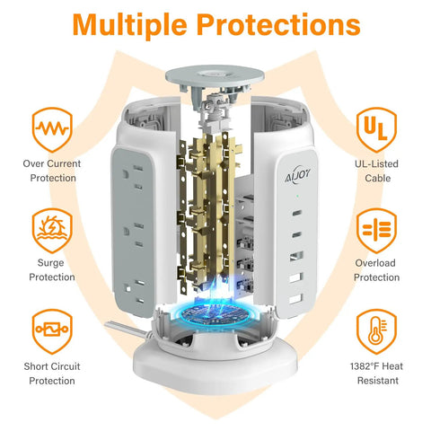 Flat Plug Power Strip Tower With Nine Outlets And Five USB Ports Including Two USB C Ports, 1200J Surge Protection showcased open