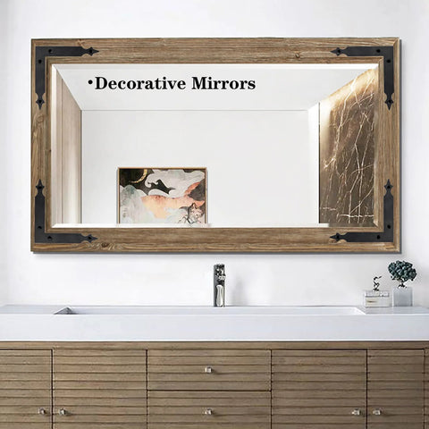 Decorative mirror with wooden frame and black corner accents above a bathroom vanity.