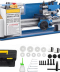 Badass Seven By Fourteen Inch Bench Top Metal Lathe With Zero To Two Thousand Five Hundred Variable Speed Revolutions Per Minute And Four Inch Three Jaw Chuck with accessories.