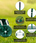 Collage image of Rolling Lawn Aerator With Fender And 18 Inch Spike Roller, features rubber handle and ergonomic design.