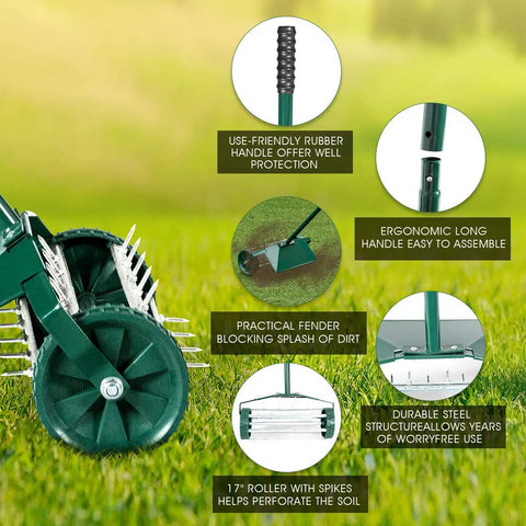 Collage image of Rolling Lawn Aerator With Fender And 18 Inch Spike Roller, features rubber handle and ergonomic design.