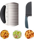 Front view of crinkle cutter knife set: large stainless steel blades with black and blue ergonomic handles.