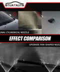 Effect comparison of upgraded fan-shaped nozzles vs original cylindrical nozzles, showing clear spray pattern for Front Windshield Washer Nozzles Kit For Ram, Chrysler, Dodge, Jeep Replacement Replaces OEM 4805742AB 5113049AA 5116079AA 5303833AA Premium Spray Jet Nozzles Pair.