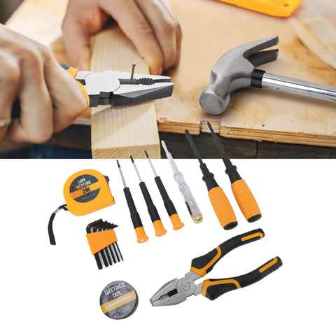 Hardware Tool Set With Sturdy Handles For Household Repair And Maintenance 15 Piece Kit showcasing pliers, hammer, and screwdrivers.