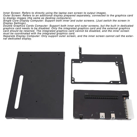 External Pcie 16x Graphics Card Expansion Dock with aluminum chassis and ports for GPU upgrades, showcasing components.