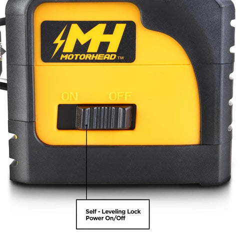 Close-up of Self Leveling 360 Degree Green Cross Line Laser Level With Horizontal And Vertical Beams power switch.