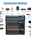 Connection methods for Eight Channel Professional Audio Mixer With 48V Phantom Power And USB Audio Interface