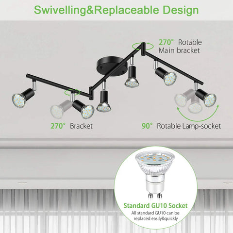 Six Light LED Track Lighting Kit In Black With Flexible Rotatable Heads For Ceiling Includes 6 GU10 Bulbs 4W Each Warm White 2700K 400LM