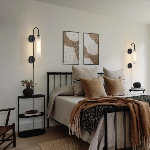 Black Plug In Wall Lights For Bedroom And Living Room, Frosted Milky White Glass Sconce Decor beside bed in cozy room