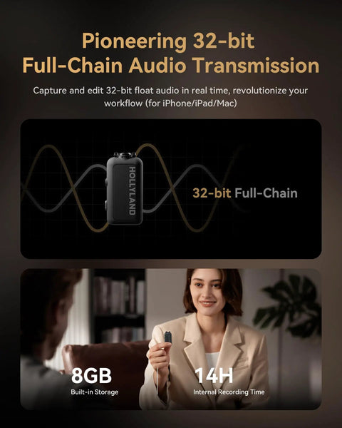 Lark Max 2 Wireless Microphone System showcasing 32-bit full-chain audio feature, person using the mic with 8GB storage and 14h recording time.