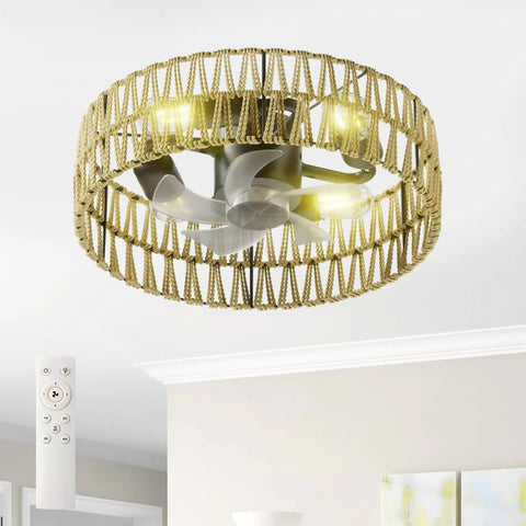 5 Pc Blades Ceiling Fan with Remote Control, Low Profile Flush Mount featuring a woven design and LED lights.