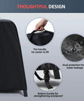 Waterproof Outdoor Grill Cover For Woodfire Pro XL Models OG321 701 751 850 951 And Artisan Pizza Oven OO101 MO201 On XSKUNSTAND Stand; shown with handles, water droplets, and buckle fasteners.