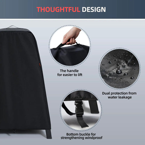 Waterproof Outdoor Grill Cover For Woodfire Pro XL Models OG321 701 751 850 951 And Artisan Pizza Oven OO101 MO201 On XSKUNSTAND Stand; shown with handles, water droplets, and buckle fasteners.