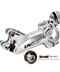 35 Degree 90mm 31.8 Stem Riser For Mountain Road And BMX Rigs in glossy silver aluminum alloy with M5 SHCS detail view