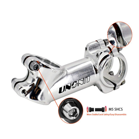 35 Degree 90mm 31.8 Stem Riser For Mountain Road And BMX Rigs in glossy silver aluminum alloy with M5 SHCS detail view