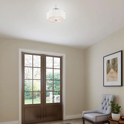 Room with Three Light Brushed Nickel Ceiling Mount Fixture With Clover Shaped Off White Shade Modern Yet Classic Look For Kitchen Island Hallways Or Dining Room Bulbs Not Included