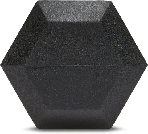 Top view of a 20 Pound Hex Dumbbell With Rubber Encased Cast Iron Core And Non Slip Contoured Handle For Home Gym Strength Training.