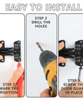 Installation guide showing how to install Oil Rubbed Bronze Swing Bar Door Lock Latch For Kids Safety And Home Security Reinforcement Door Guard Clamp Easy Install On Right Or Left Swing Doors.