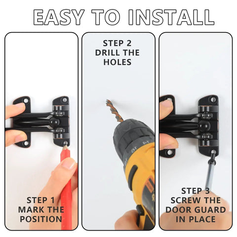 Installation guide showing how to install Oil Rubbed Bronze Swing Bar Door Lock Latch For Kids Safety And Home Security Reinforcement Door Guard Clamp Easy Install On Right Or Left Swing Doors.