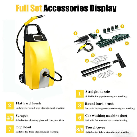 Orisuntech 3000W Heavy-Duty Steam Cleaner With Ozone Dual Purification Features showing full accessory set for versatile cleaning.