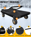 Heavy Duty Steel Platform Truck Built Tough Flat Cart Dolly With Wheel Brakes Hauls Heavy Gear Up To Two Thousand Pounds, showing design features.