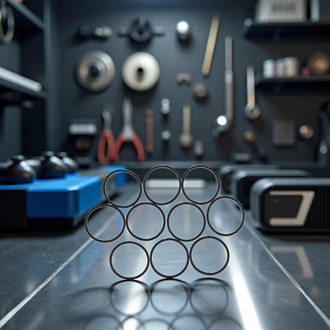 Ten Pack Black Disk Drive Rubber Belts Replacement Kit For Xbox 360 And Rock Tumblers on workbench in workshop