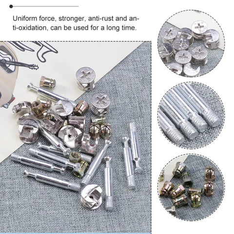 Heavy Duty Cam Lock Fittings Set For Cabinets And Furniture, 24 Pieces, Uniform Clamp Force, Flush Surface, Crazy Easy Install Hardware