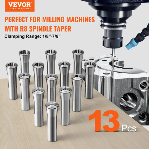 Image of R8 Collet Set 13-Piece Precision 1/8 to 7/8 Inch Pro-Grade Mill Chuck with milling machine spindle and 13 collets.