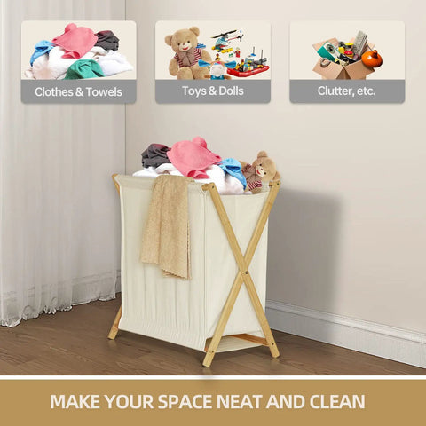 Collapsible Bamboo Wood Laundry Hamper With X Frame Foldable Laundry Basket And Linen Canvas Bag in bedroom corner.