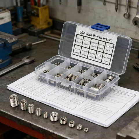 150-Piece 304 Stainless Steel Helical Thread Insert Kit For Metal Thread Repair, Assorted M3 To M12 Coil Inserts on workbench