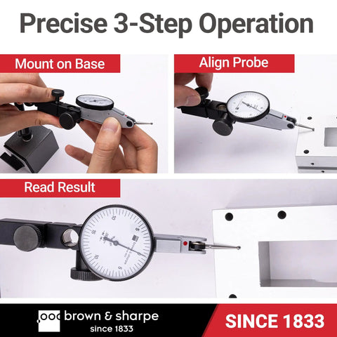 Dial Test Indicator With 0 To 0.030 Inches Range, 0.0005 Inches Graduation, Precise Accuracy For Shaft Alignment And Fine Measurements, Industrial Grade Gauge For Machinists And Shop Floor Pros mounted on base and reading a machined block