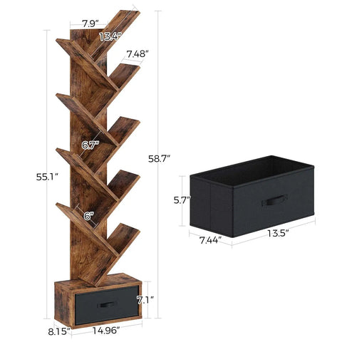 Dope Vintage Tree Bookshelf With Nine Shelves And Side Drawer, Solid Wooden Corner Storage Rack For Books Vinyl Records Decor, Rustic Brown Shelf Vibe Straight Fire Display For Your Chill Space