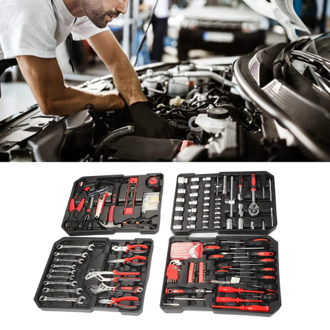 Versatile Professional Repair Tool Kit with Vanadium Steel complete set open displaying sockets, wrenches, pliers, and more on mechanic.