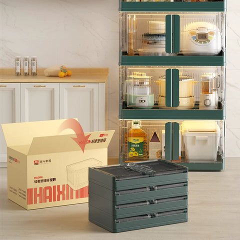 Kickass 19 Gallon Heavy Duty Foldable Storage Bin With Snap On Front Opening And Secure Lid Stackable Plastic Organizer Box Dope Green stacked in modern kitchen.