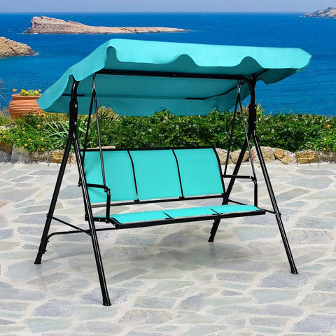 Three Seat Patio Swing With Steel Frame And Adjustable Canopy, All Weather Resistant Rocking Bench for Cozy Patio, Turquoise Finish