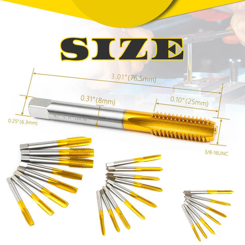 Three Eighths Inch 16 UNC Thread Tap Set Right Hand HSS High Speed Steel Taps size dimensions with various tap styles.
