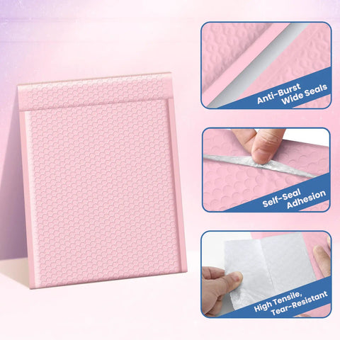 Bubble Mailers 10x13 Inch Light Pink 25 Pack Opaque Padded Envelopes with close-up views of seal, texture, and material.