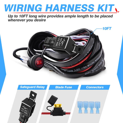 LED Light Bar Wiring Harness With Waterproof On Off Toggle Switch, 40A Relay, 180W Load Capacity shown with 10ft wire