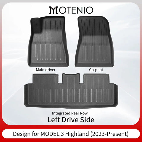 Tough As Nails TPE Floor Mats For Tesla Model 3 Highland 2023 Through 2025 contoured front and rear liners on left drive side.
