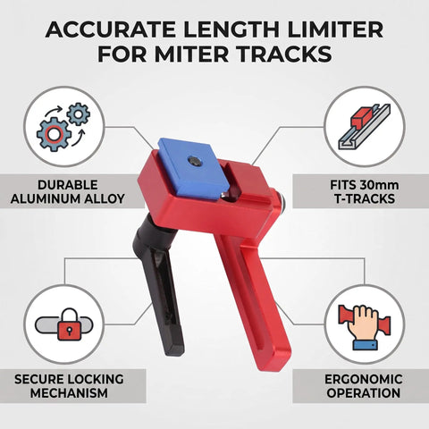 Heavy Duty Cnc Machined Aluminum Miter Track Stop Block Fits 30mm T Slot Rails with secure locking mechanism and ergonomic handle.